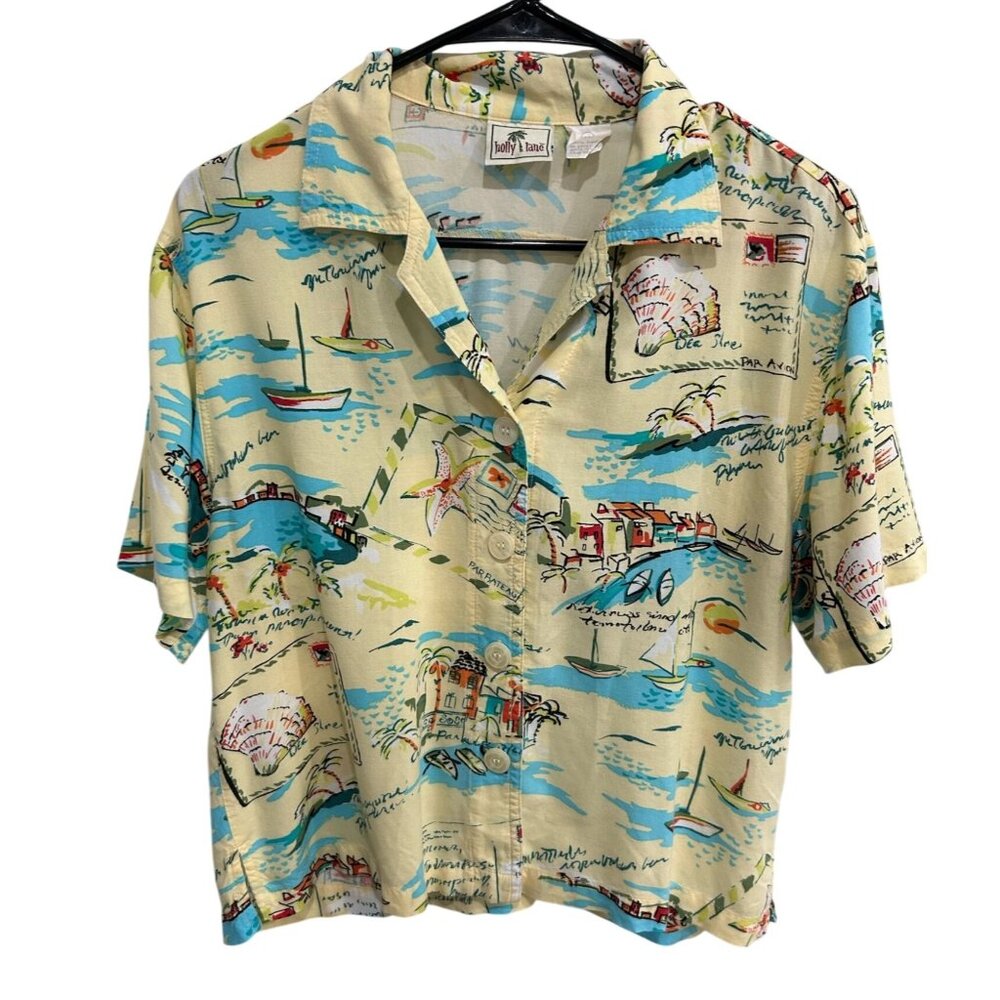 Vintage Holly Lane Retro Hawaiian Short Sleeve Button-Up Shirt Beach Print Sz M